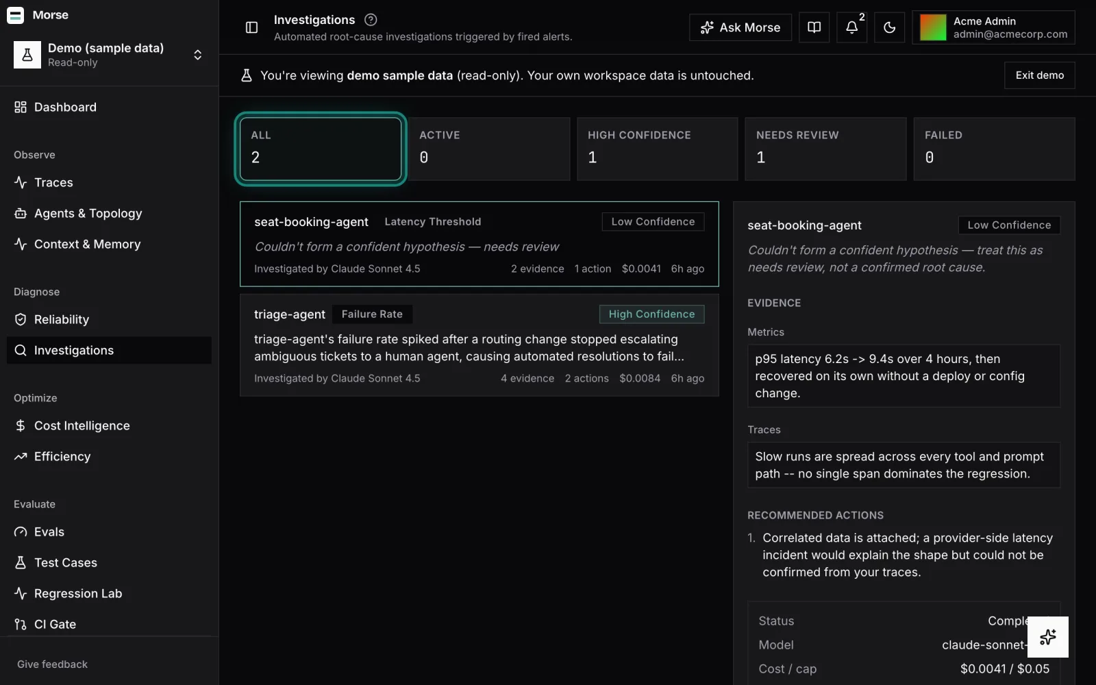 The Investigations queue, showing two completed investigations