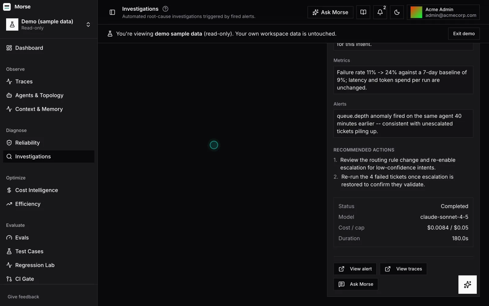 Run facts showing cost against the per-investigation cap