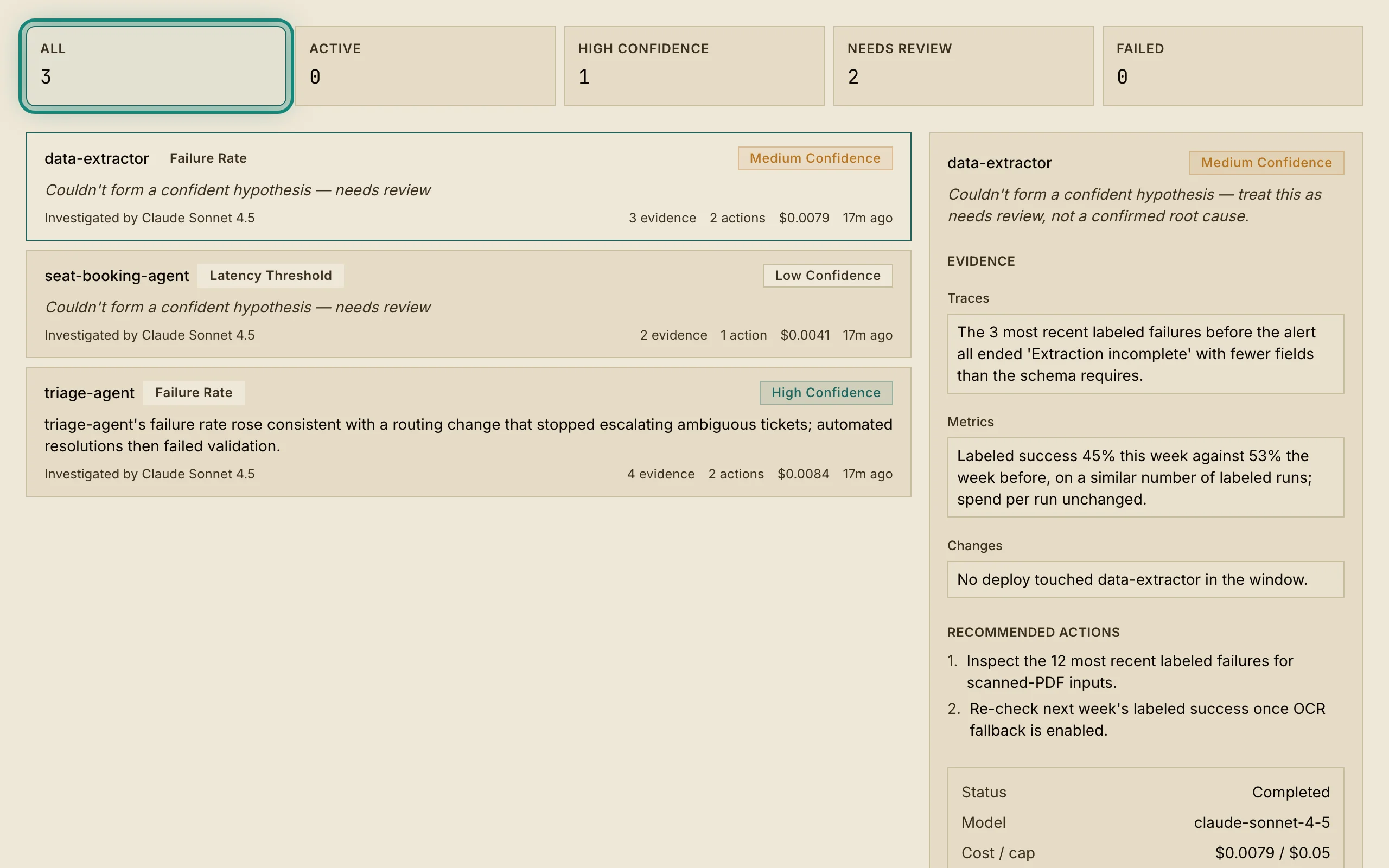 The Investigations queue: three completed first-pass investigations, two marked needs review